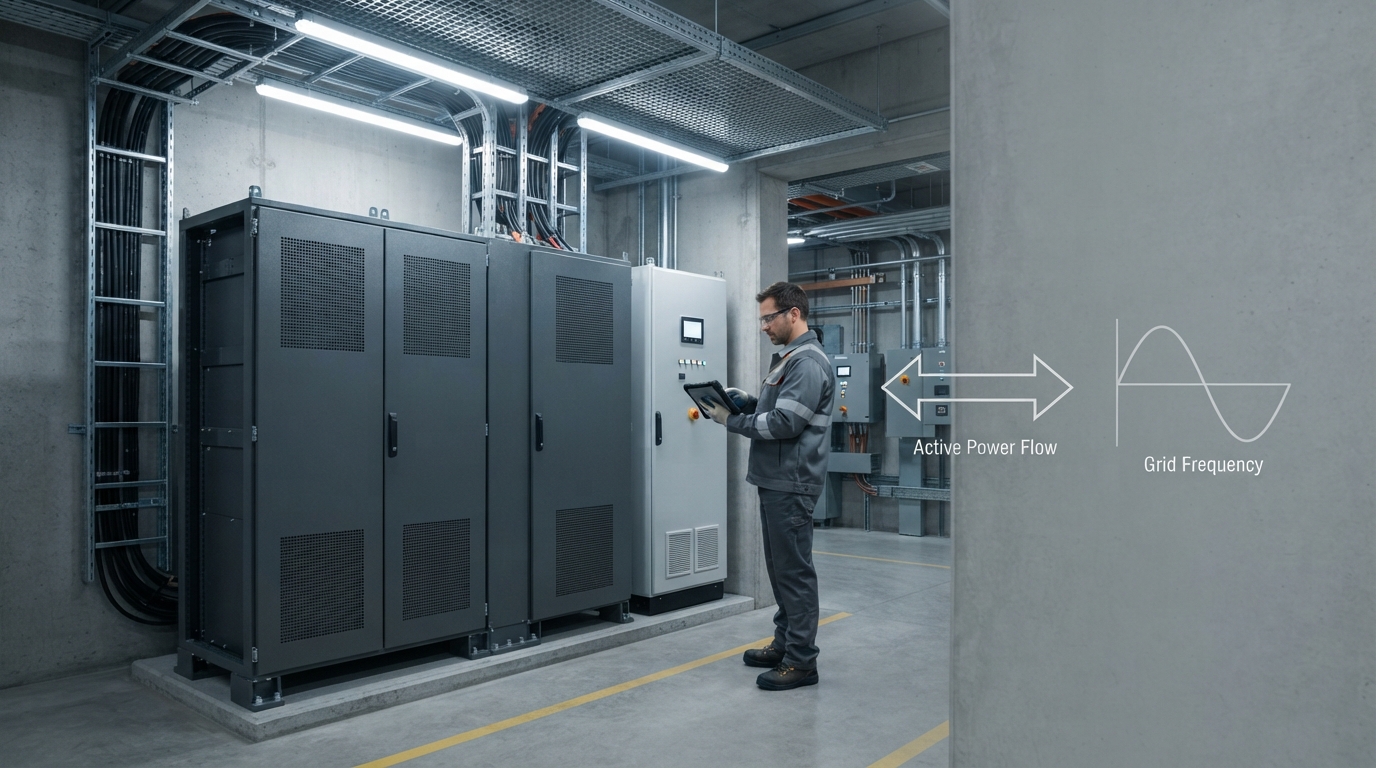 Engineer reviewing battery storage control cabinets for frequency regulation.