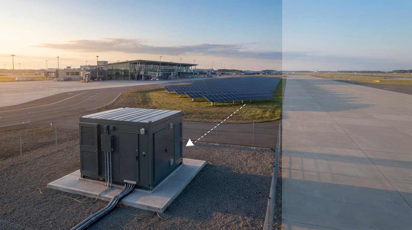 Solar array and battery storage enclosure supporting an airport microgrid
