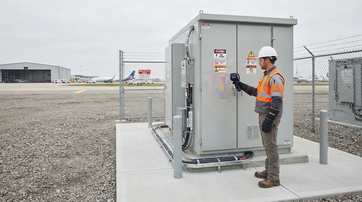 Technician using thermal camera to inspect an airport BESS cabinet