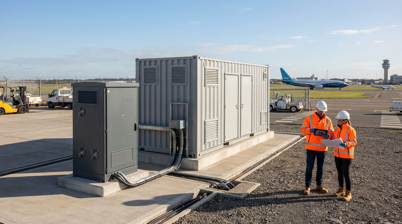 Engineers comparing battery cabinet and containerized BESS at airport site