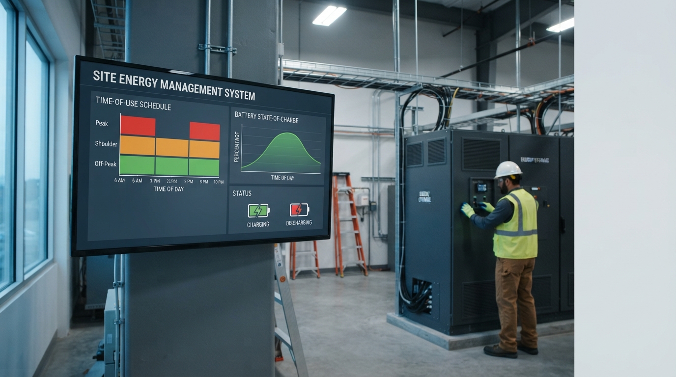 Engineer in PPE near a commercial BESS cabinet while an EMS monitor shows a charge and discharge schedule.