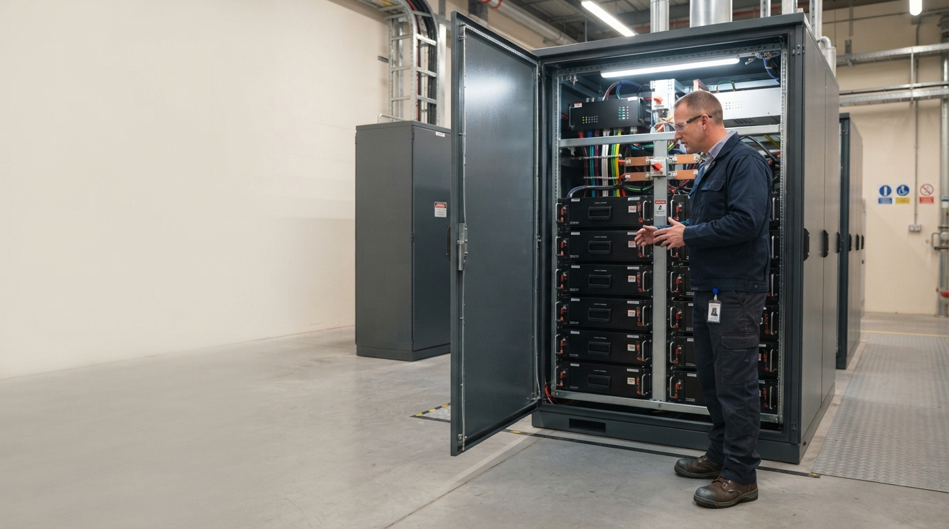Engineer evaluating an open commercial BESS cabinet with modular battery racks and cable management.