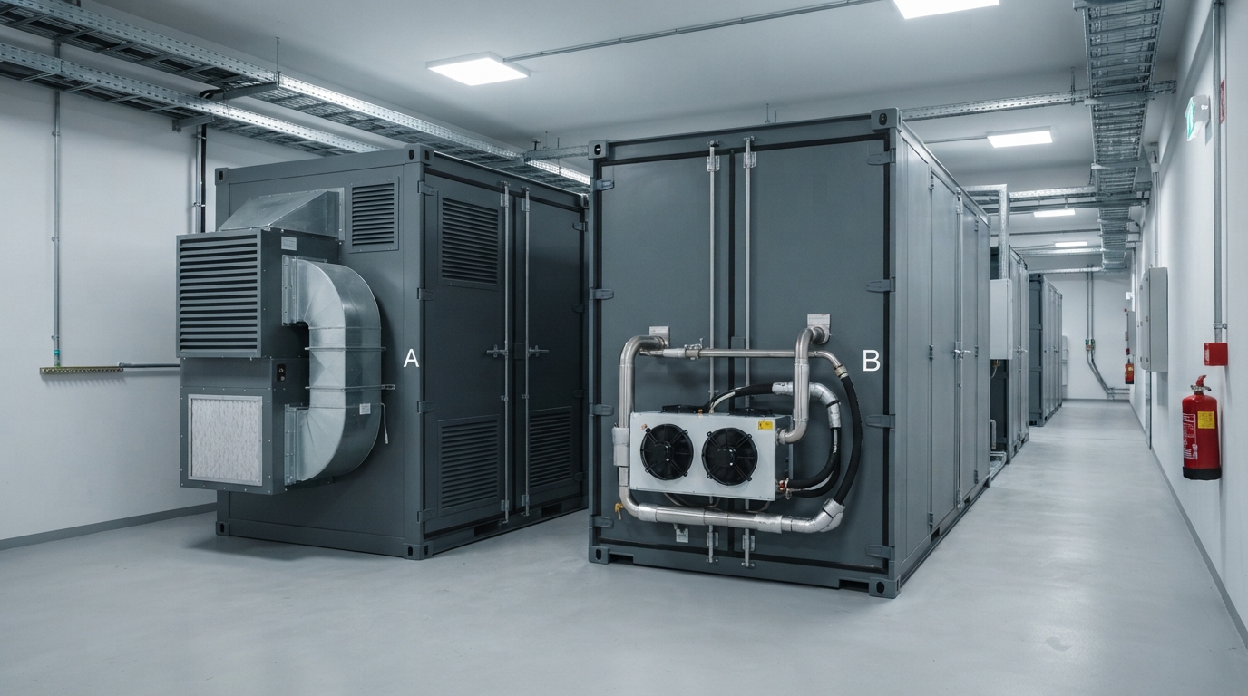 Air-cooled and liquid-cooled BESS enclosures side by side inside a modern energy-storage facility.