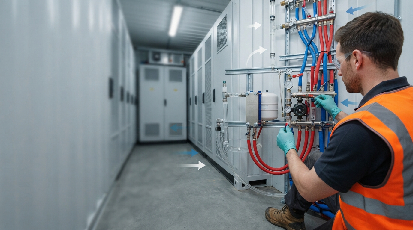 Technician in PPE inspecting liquid-cooling pipes at a battery rack inside a BESS container.