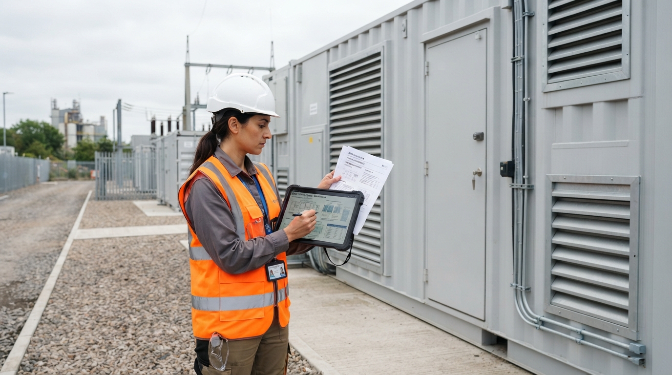 Engineer reviewing supplier documents in front of a containerized BESS at an industrial site.