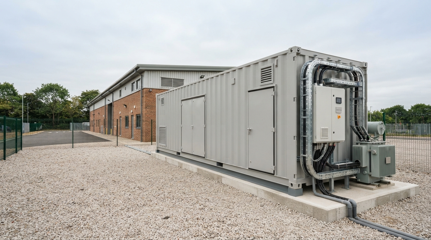 Containerized 1MW battery storage system on an industrial site beside power conversion equipment.