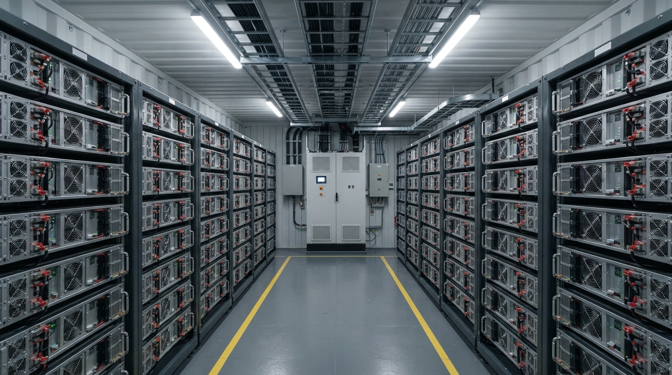 Interior aisle of a 1MW containerized BESS with lithium battery racks and power conversion cabinet.