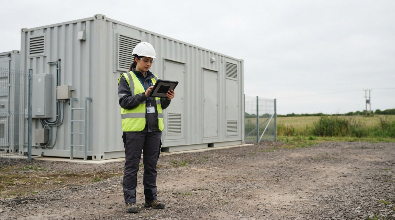 Engineer in safety gear evaluating a 1MW battery storage container with a tablet on site.