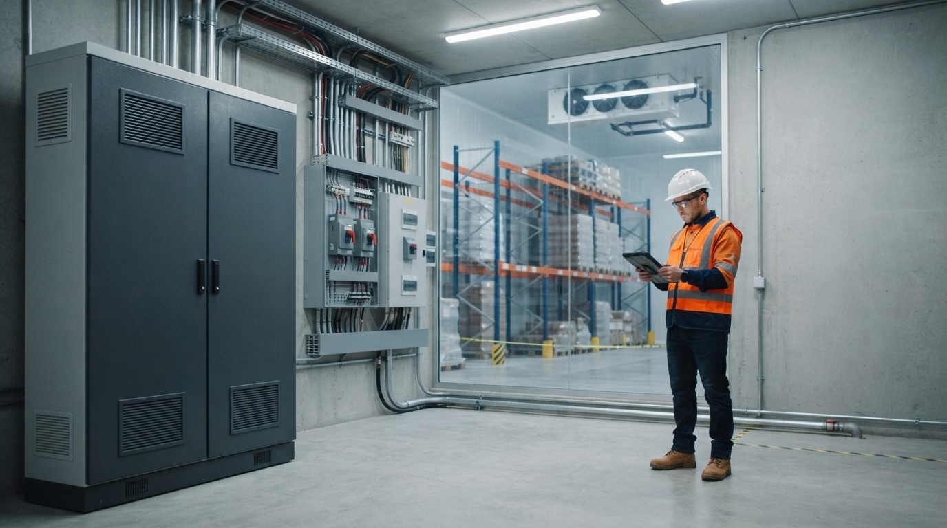 Commercial battery storage cabinet near cold storage warehouse electrical room with refrigeration racking in background.