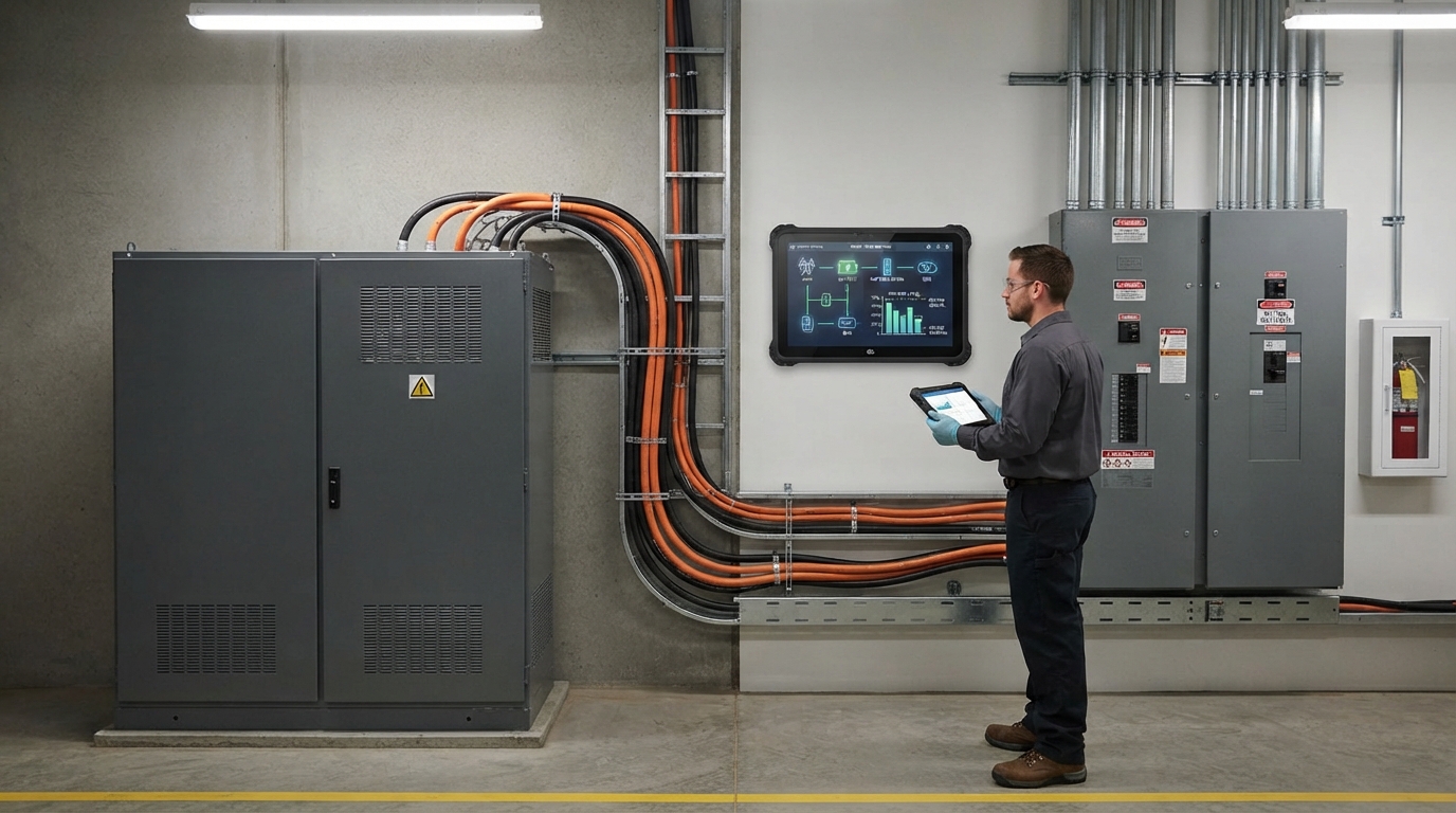 Battery cabinet with EMS monitor showing grid, battery, and refrigeration icons in a warehouse electrical room.