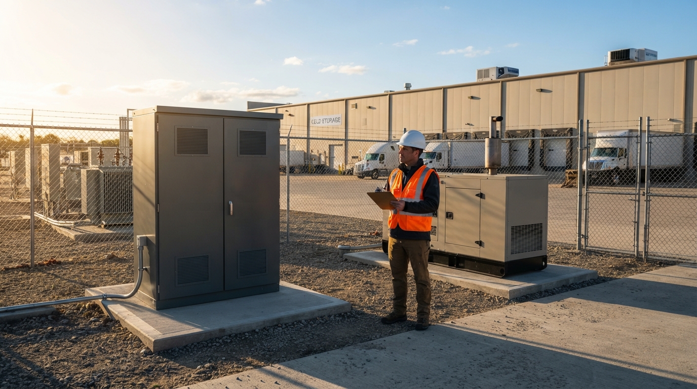 Engineer comparing a battery storage cabinet and a standby generator outside a cold storage warehouse.