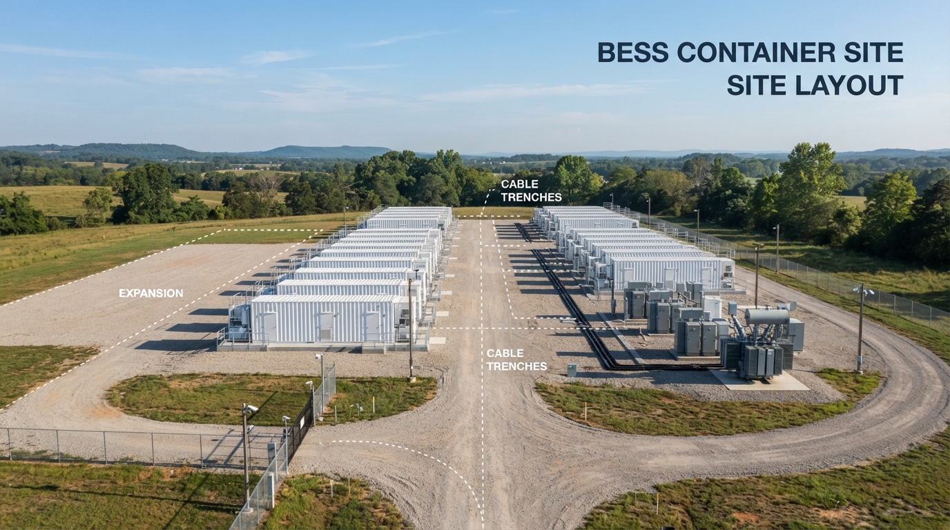 Conceptual BESS container site layout with access roads, cable routes, and expansion area.