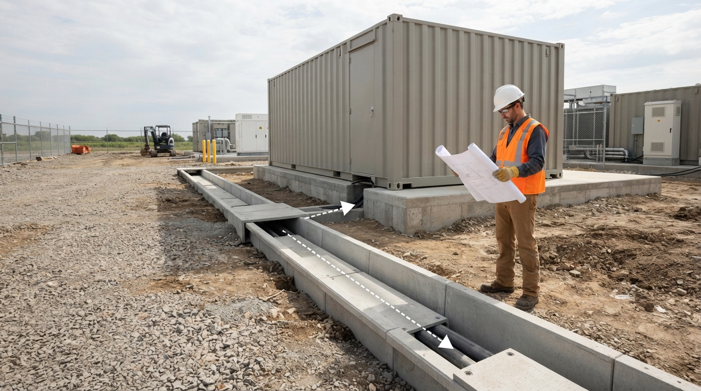Engineer reviewing cable trench route beside a BESS container foundation.