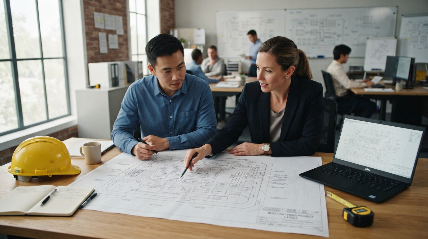 Buyer and supplier engineer reviewing BESS container site layout drawings together.