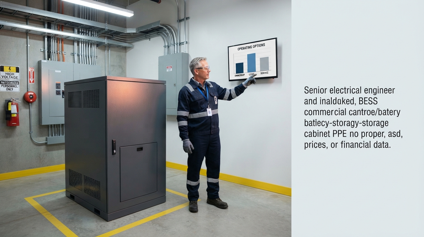 Commercial BESS cabinet with engineer reviewing financing options on a monitoring screen