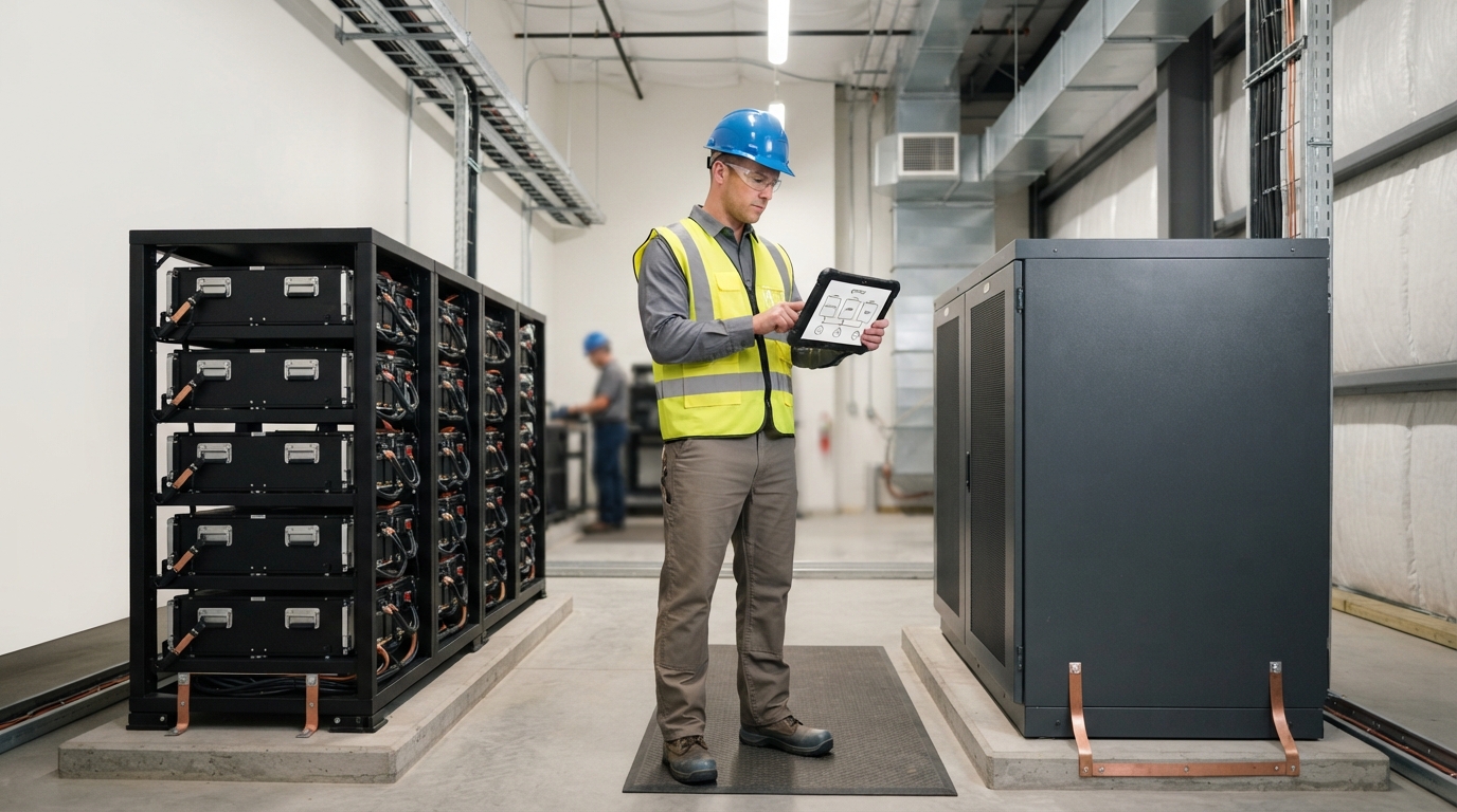 Engineer comparing battery rack and cabinet configurations for storage system sizing