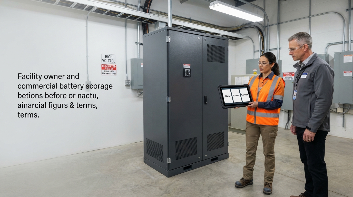 Facility owner comparing own, lease, and energy-service options beside battery cabinet