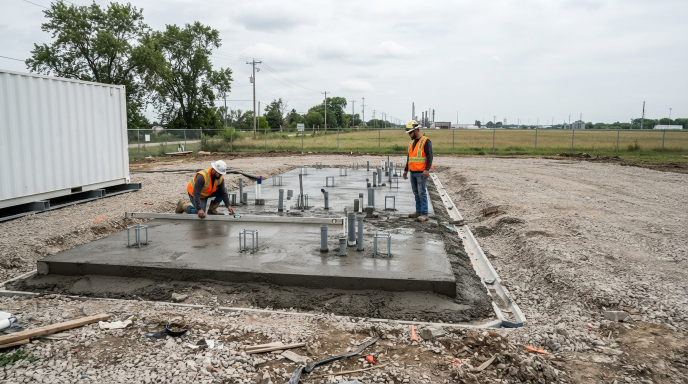 Engineer inspecting a reinforced concrete BESS foundation with anchor bolts and cable sleeves.