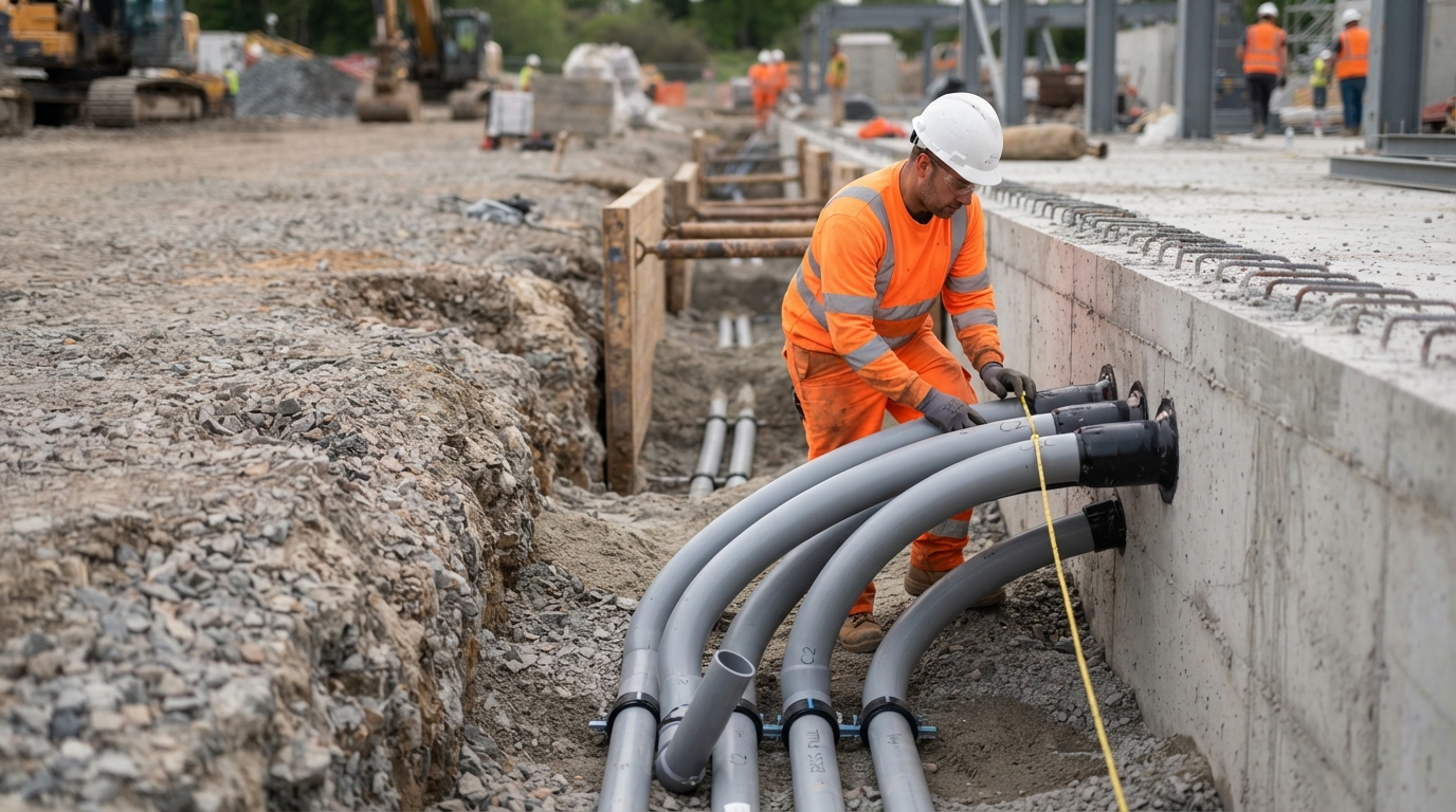 Sealed cable conduits entering a BESS foundation through watertight sleeves.