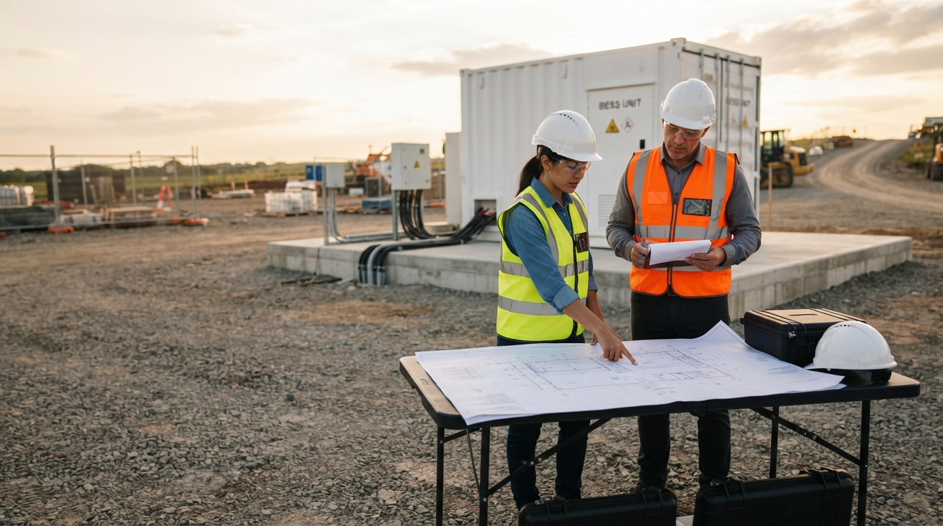 Project engineer and buyer reviewing a BESS foundation drawing beside a container installation.