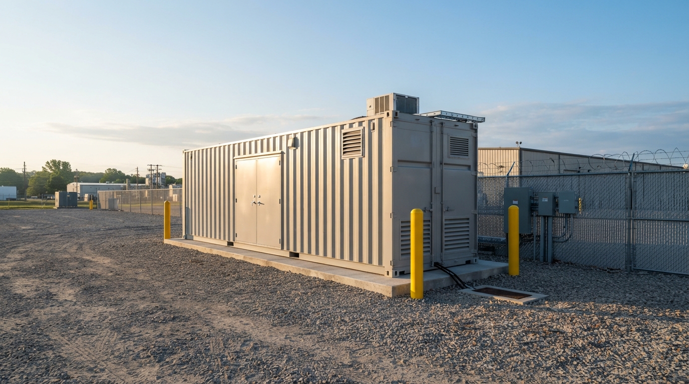 Large battery energy storage container at a secure industrial site.