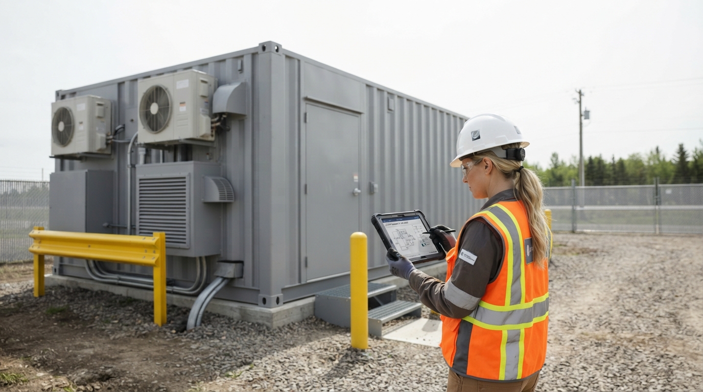 Engineer in safety PPE reviewing BESS container specifications on a tablet.