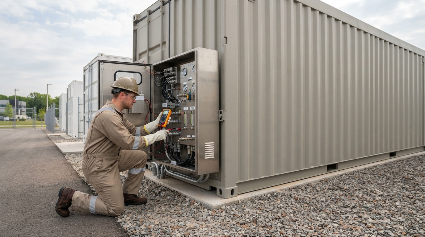 Technician inspecting the thermal-management and safety connections on a BESS container.