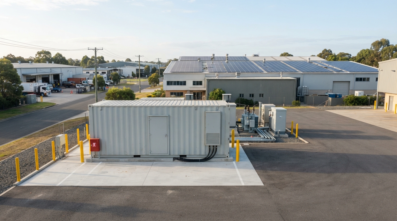 Industrial park battery energy storage container near factory buildings with rooftop solar.