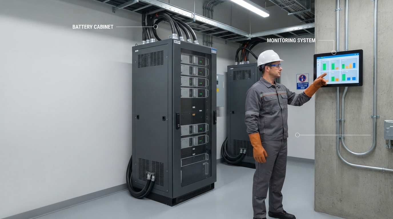 Technician monitoring an industrial battery storage cabinet in an electrical room.
