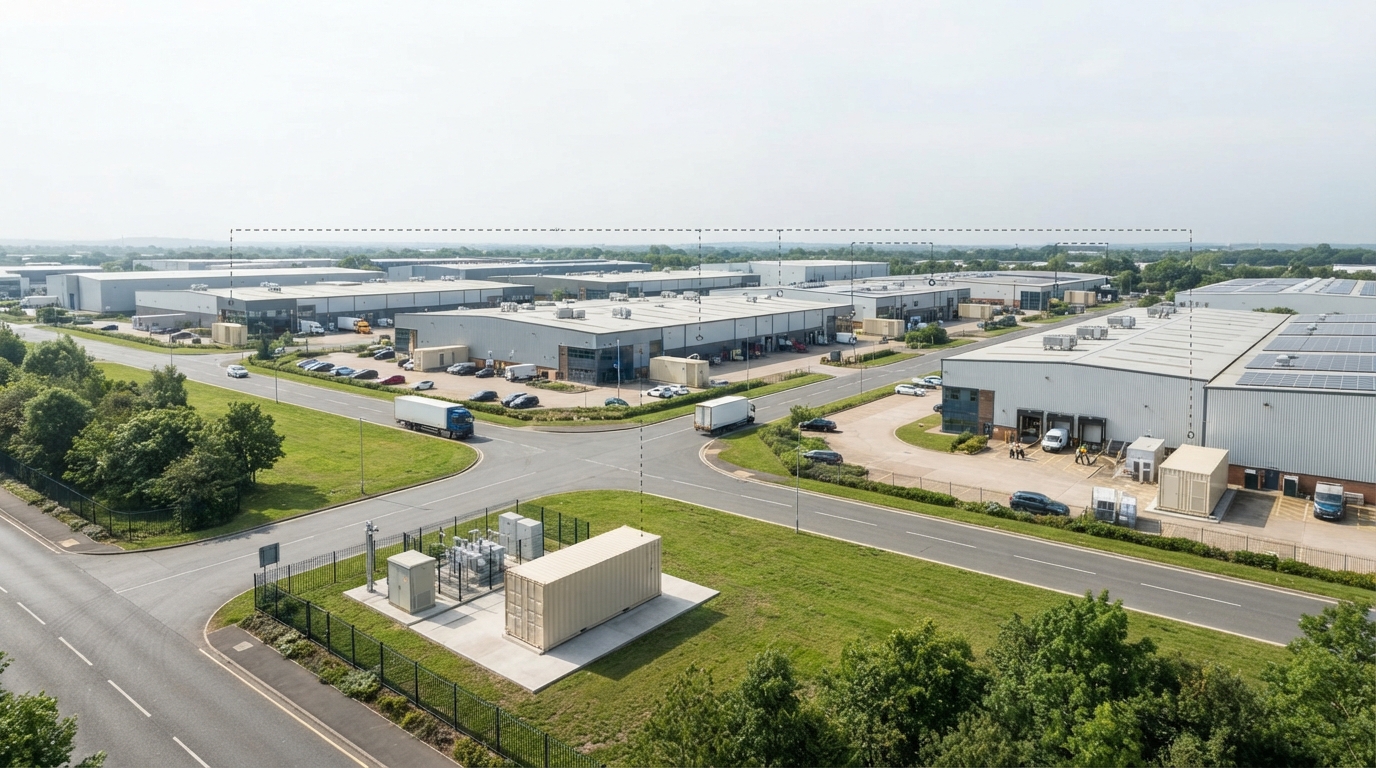 Comparison of centralized and tenant-level battery storage layouts in an industrial park.