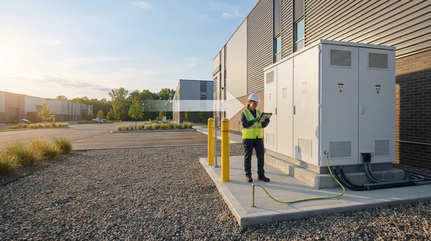 Engineer inspecting a 500kW battery storage cabinet at a commercial facility