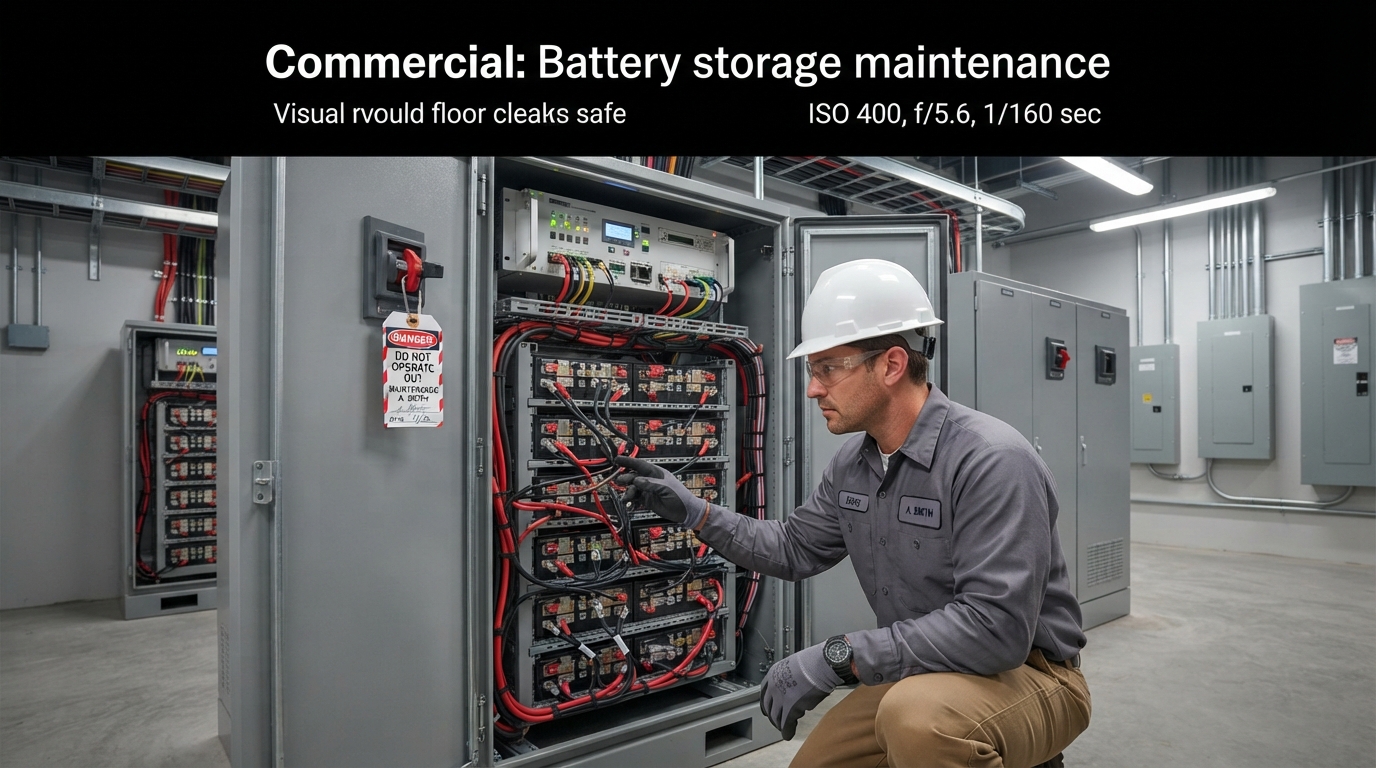 Engineer checking battery rack and control modules inside a commercial storage cabinet