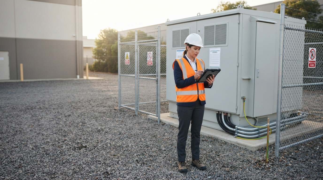 Energy manager comparing load data beside a 500kW battery storage system