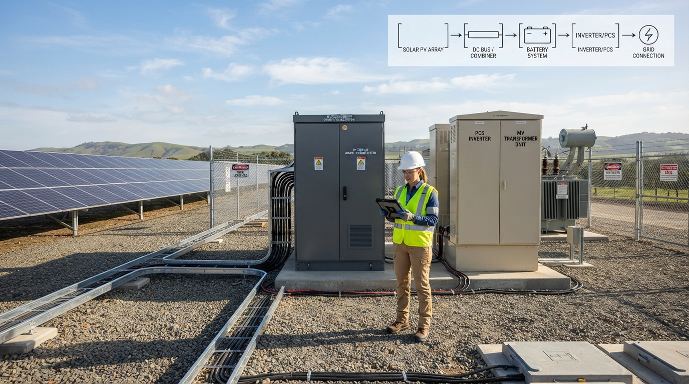 Engineer inspecting a DC-coupled battery cabinet beside a PV array and inverter station