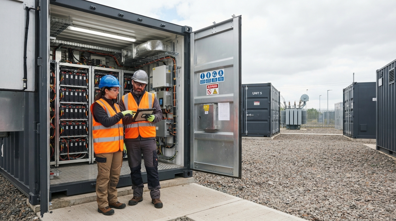 Engineers inspecting battery racks inside an open solar-farm BESS container