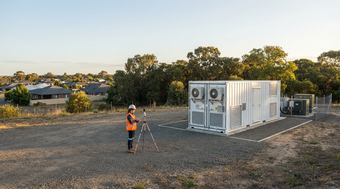 Acoustic consultant measuring BESS container noise in a wide site view with distant homes