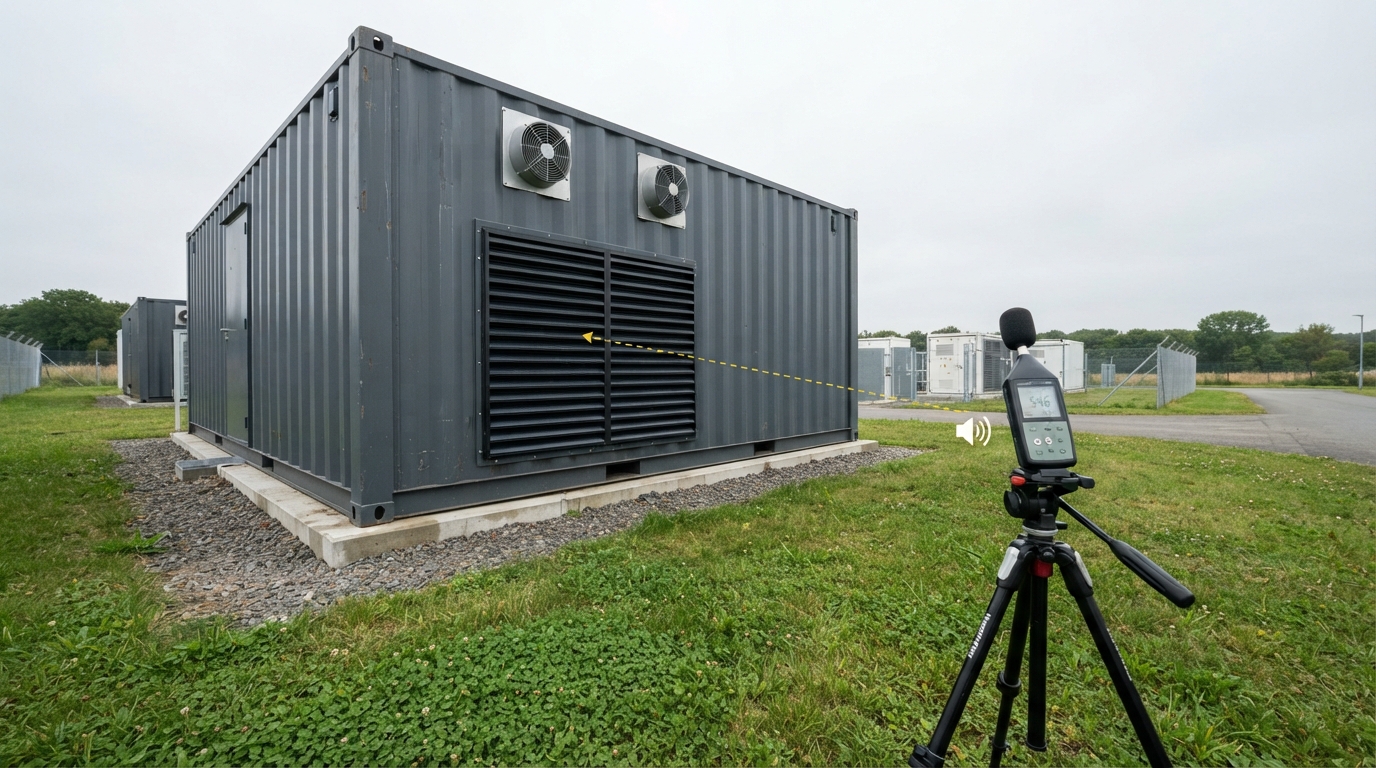 Sound level meter at a receptor position facing BESS container ventilation louvers
