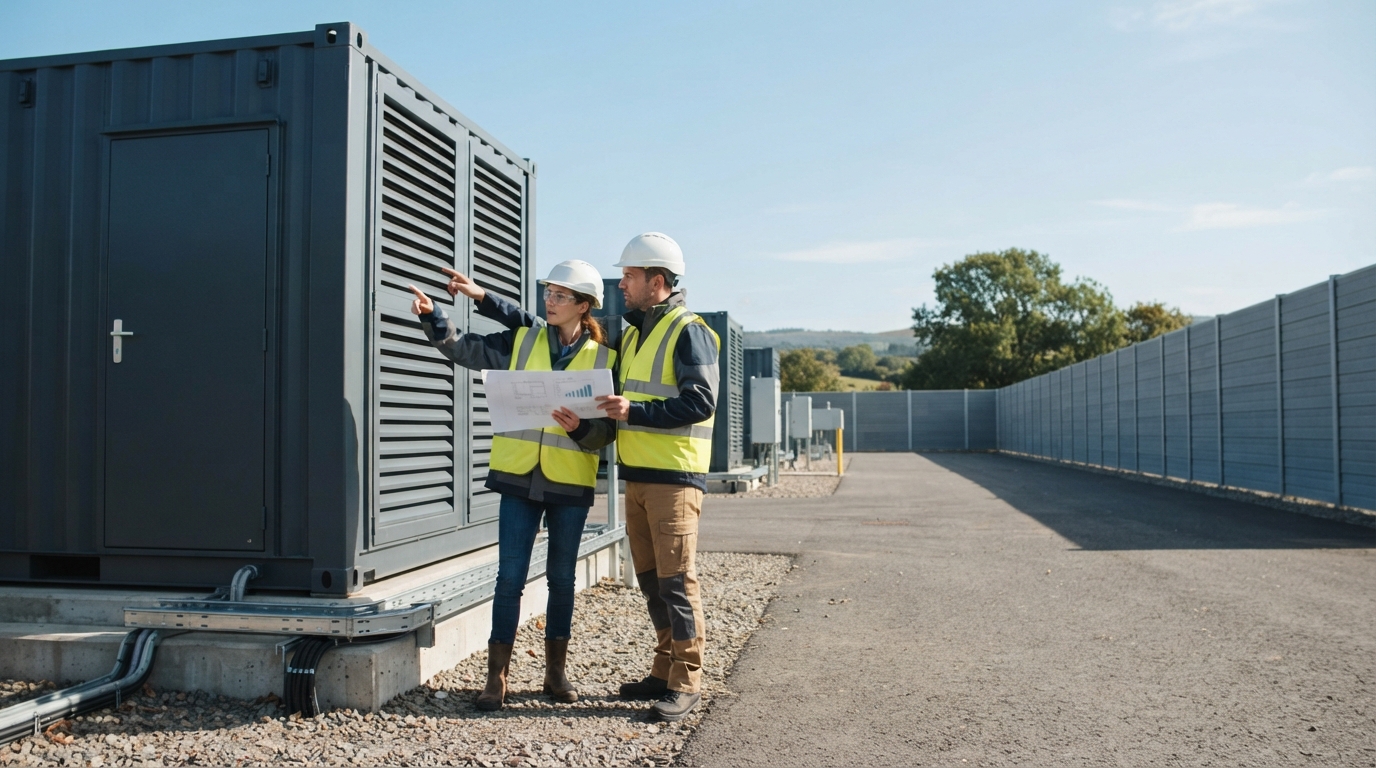 Engineer reviewing BESS acoustic datasheet beside a container with site barrier in background