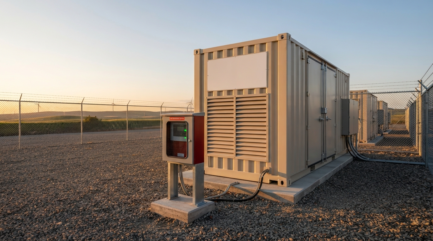 Containerized BESS enclosure with fire detection and suppression control cabinet at an outdoor energy site
