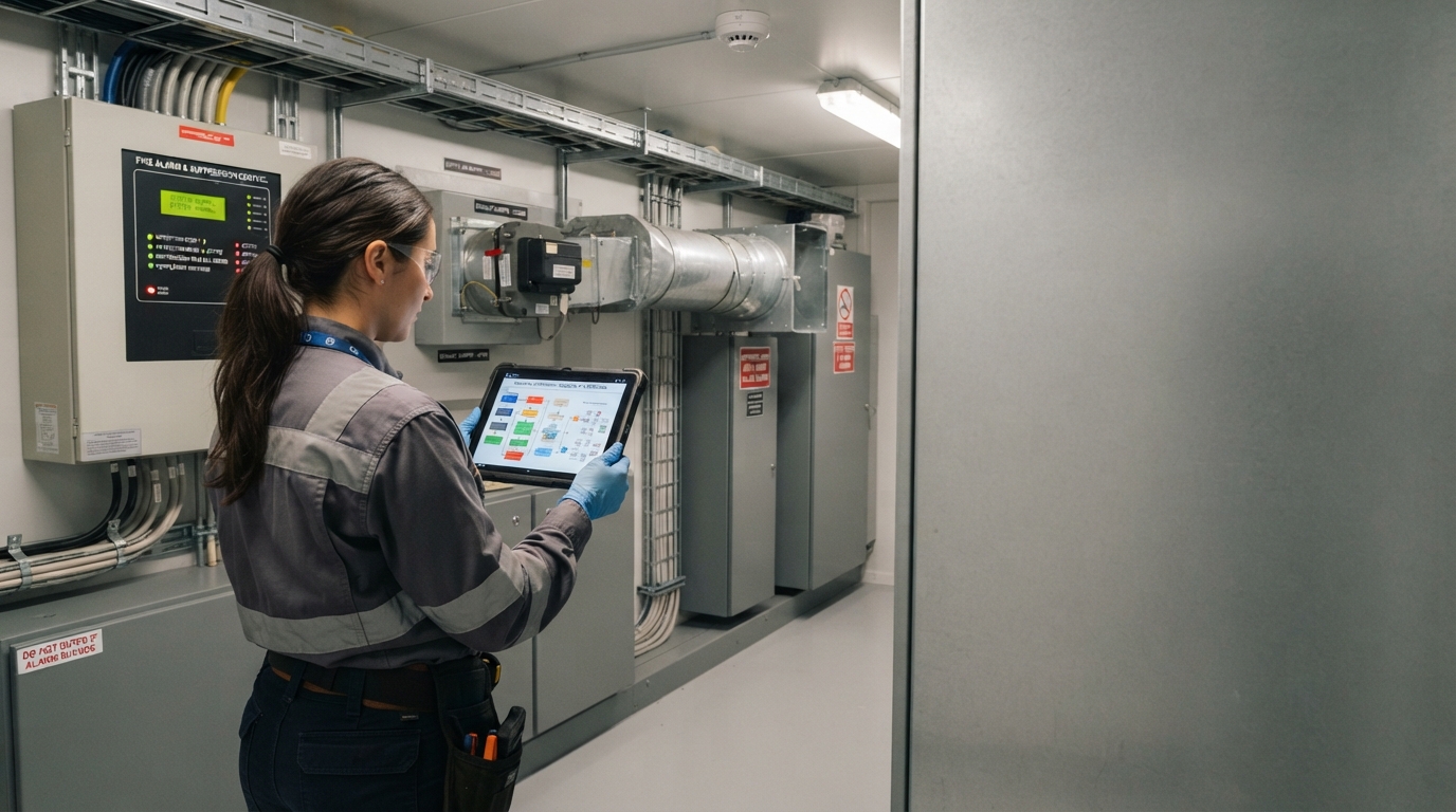Technician reviewing BESS fire control sequence on a tablet beside a fire alarm panel