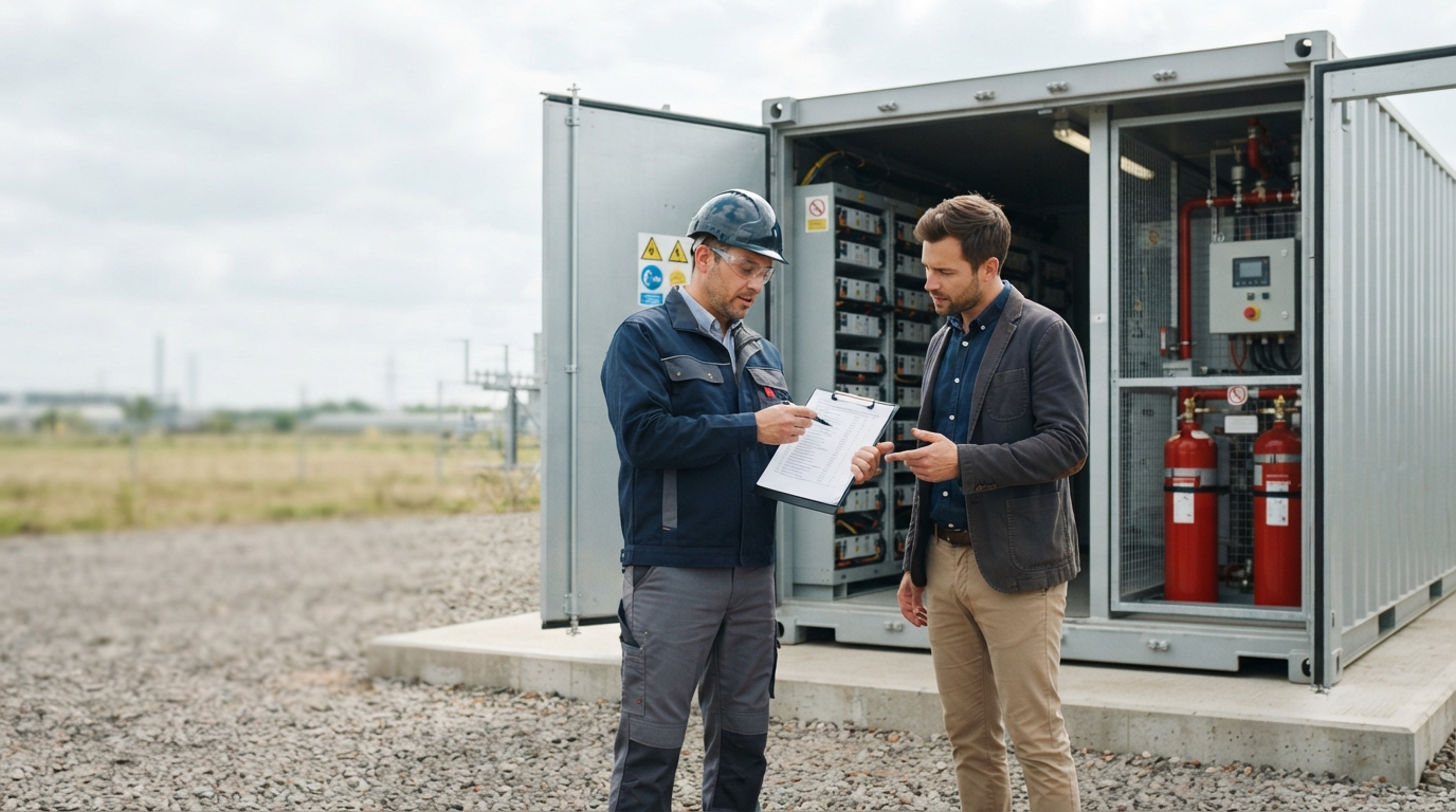 Engineer and supplier reviewing BESS fire-safety documentation in front of a container