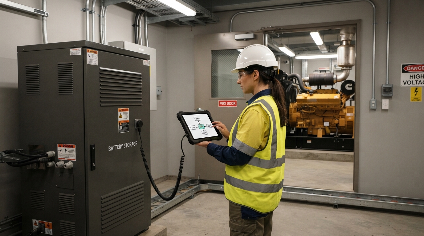 Engineer monitoring BESS controls from a tablet beside a diesel generator