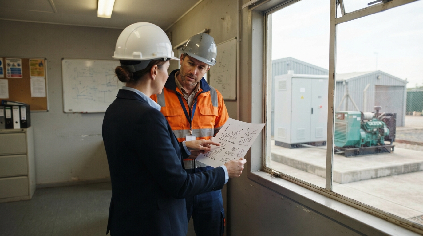 Engineers reviewing a load profile for a diesel-BESS project