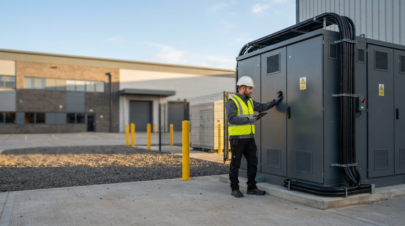 Technician inspecting commercial battery storage cabinet outdoors for cost guide