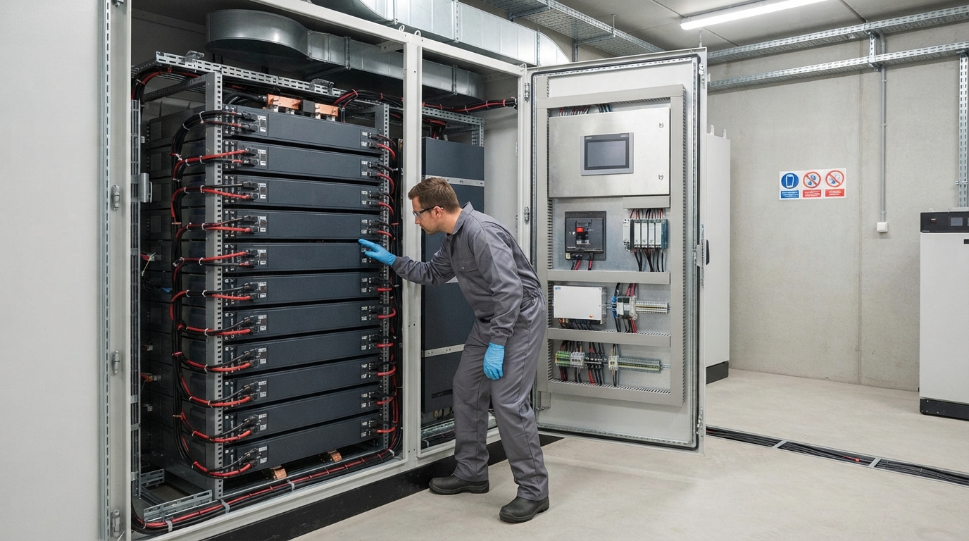 Inside commercial BESS cabinet showing rack-mounted battery modules and control wiring