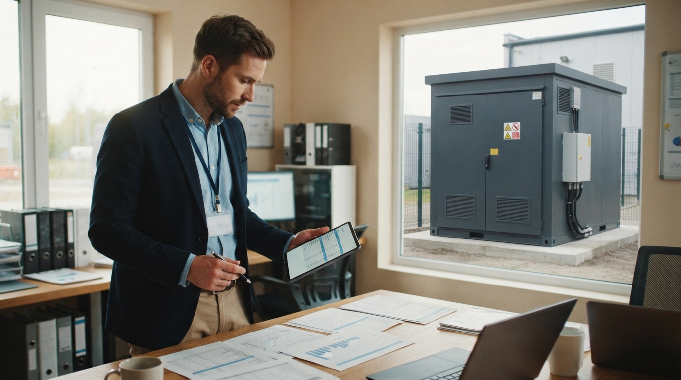 Engineer comparing commercial battery storage quotes while BESS cabinet stands in background