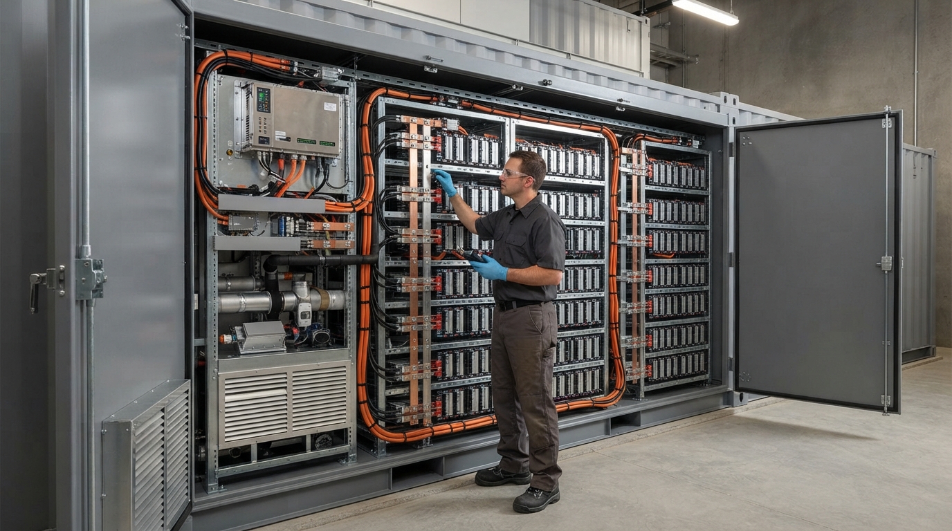 Battery modules and BMS inside a campus energy storage enclosure