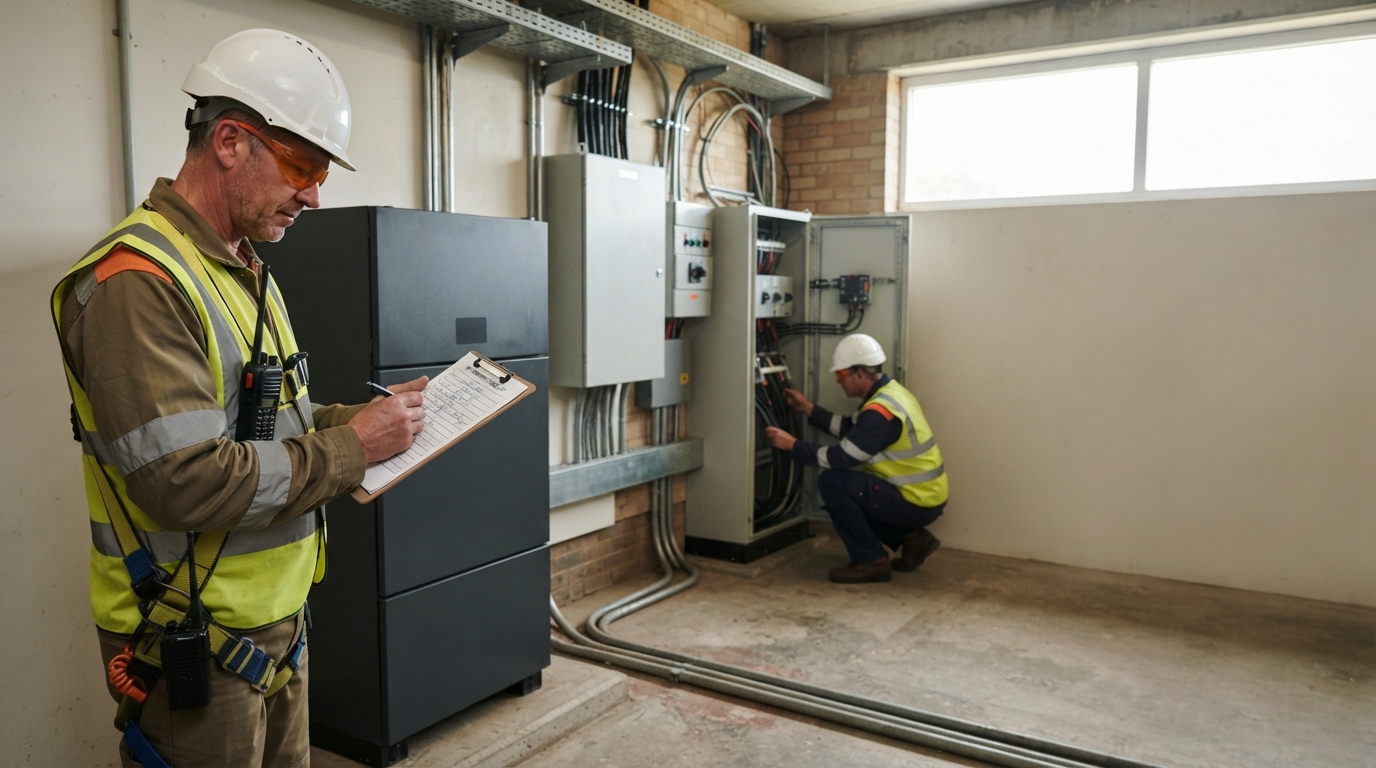 Engineer reviewing procurement checklist beside a campus battery cabinet