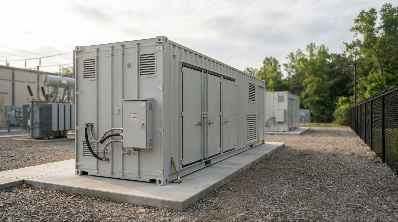 2.6MWh battery container on concrete pad in industrial facility yard