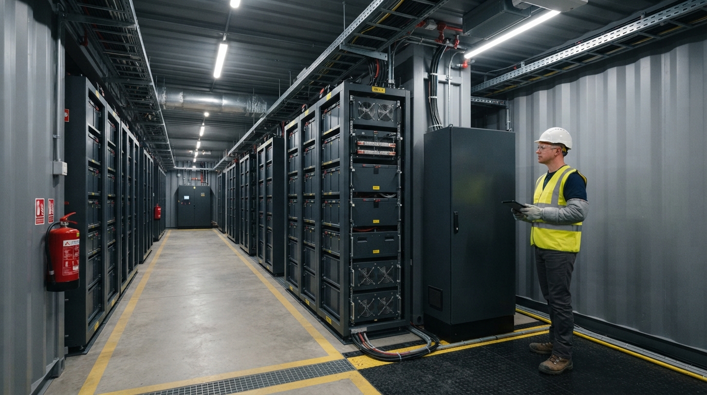 Technician inspecting battery racks inside a 2.6MWh BESS container
